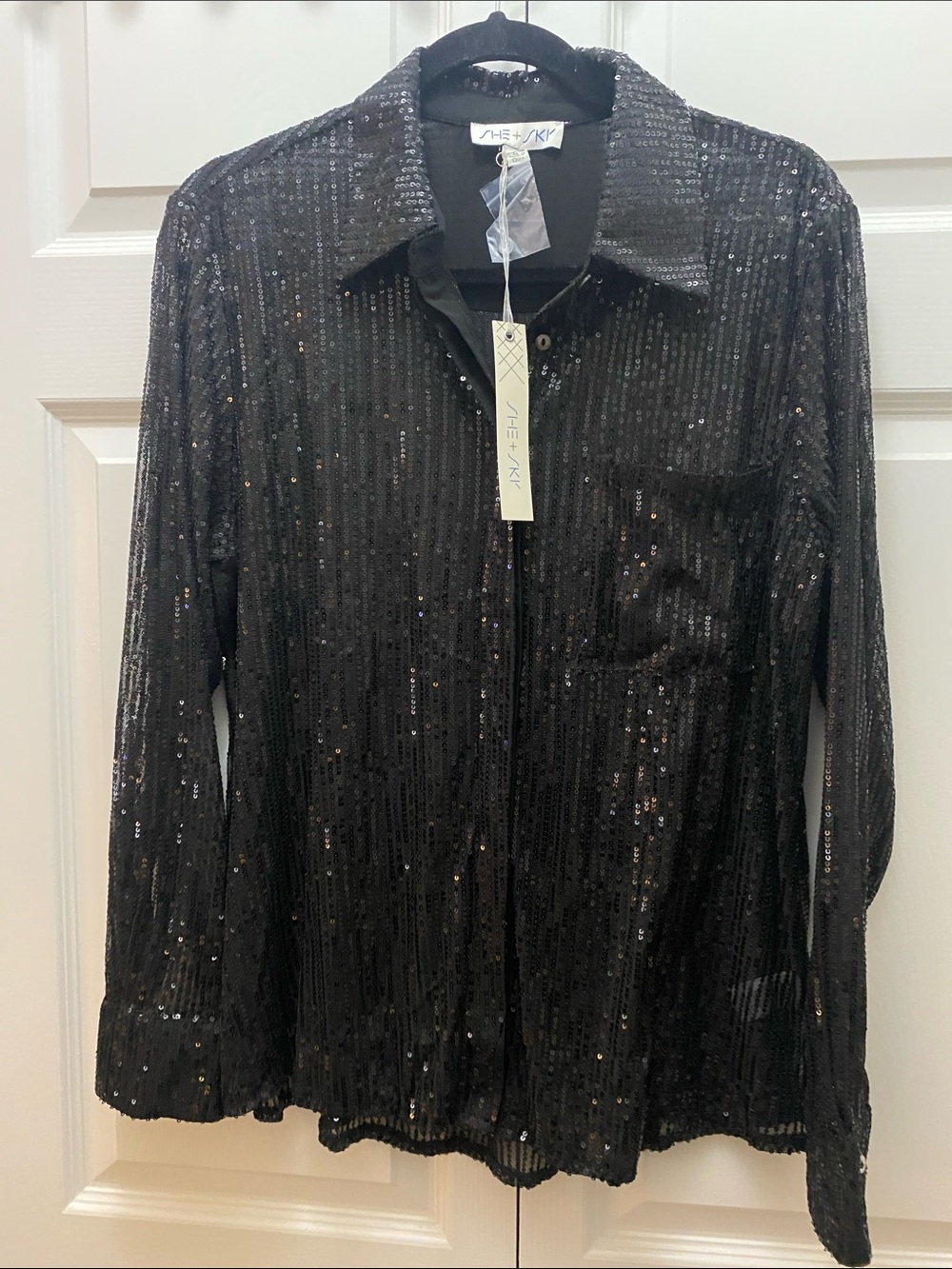 She + Sky Black Sequin Button-Down Blouse- Size Medium